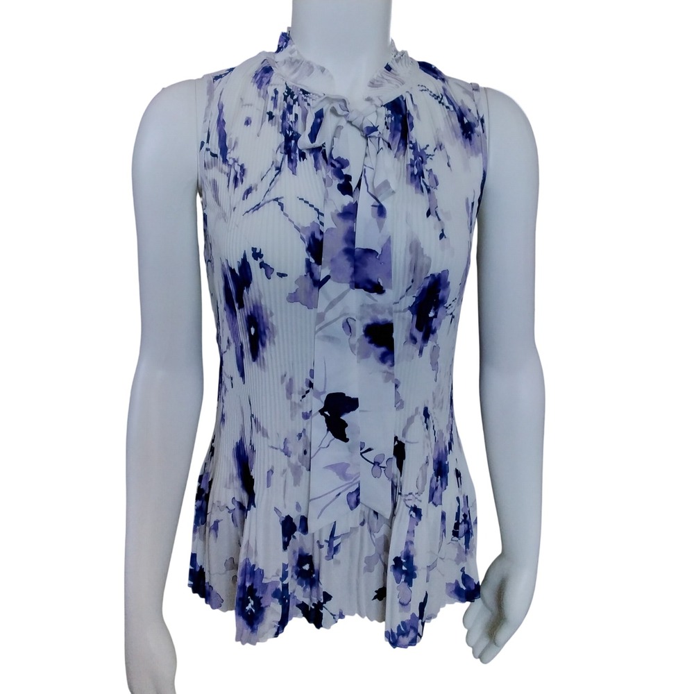 DKNY Womens Purple Floral Pleated Tie Neck Sleeveless Blouse PM Petite Medium